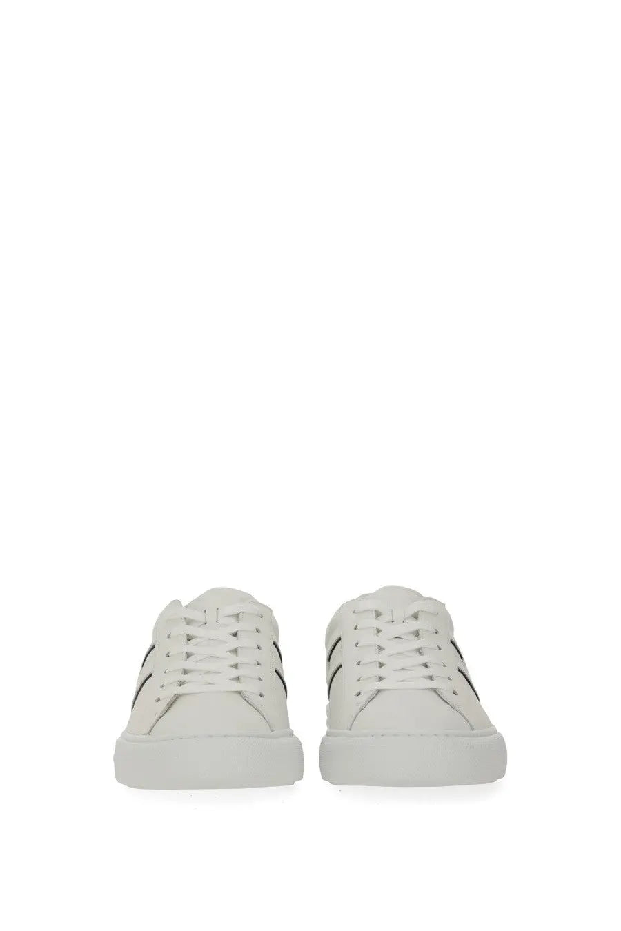 Hogan men’s sneaker H691 white leather low-top sneaker with black striped detailing on the sides
