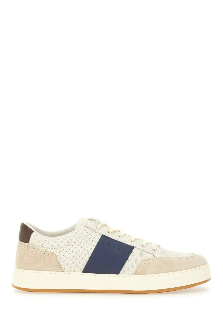 Hogan men’s sneaker multicolor with cream mesh upper and navy blue beige suede accents for casual wear