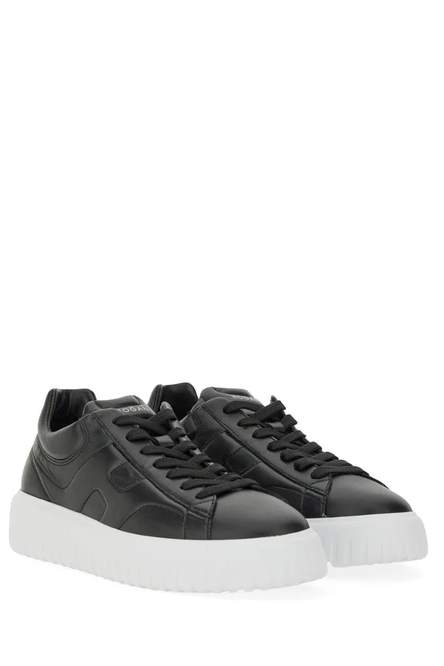 Hogan men’s sneaker stripes black leather sneakers with bold white rubber sole and subtle embossed branding on the side