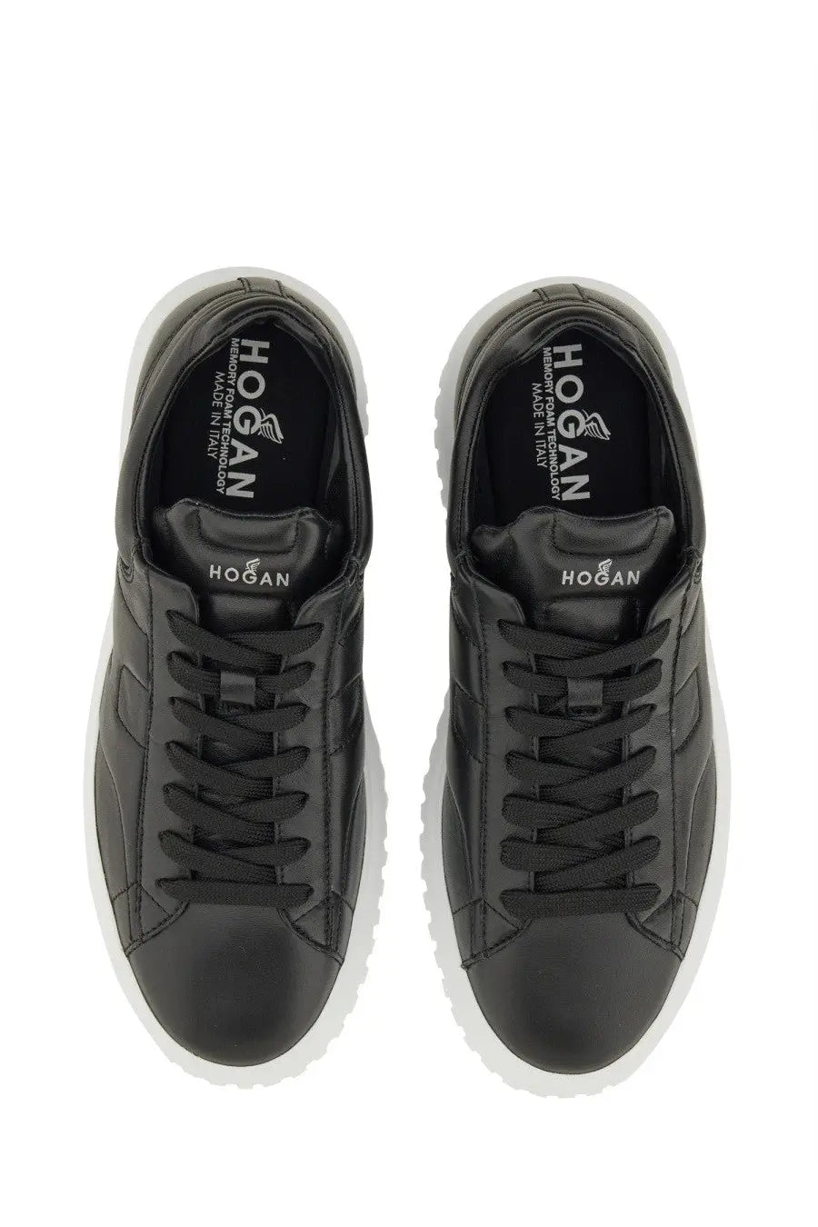 Hogan men’s sneaker stripes black with sleek glossy leather upper and contrasting white rubber soles