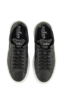 Hogan men’s sneaker stripes black with sleek glossy leather upper and contrasting white rubber soles