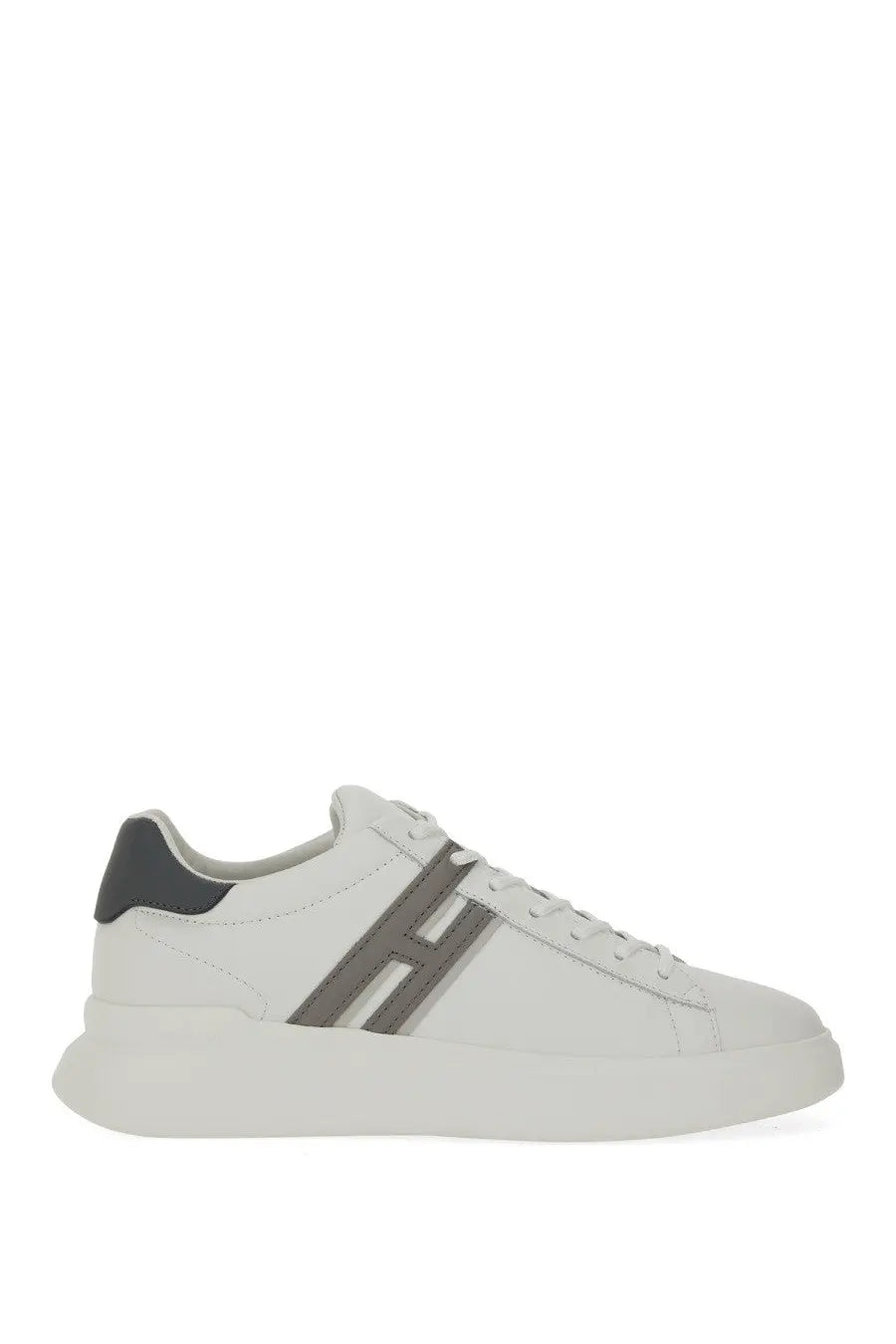 Hogan men’s white leather sneakers with gray h logo stripe and dark gray heel tab