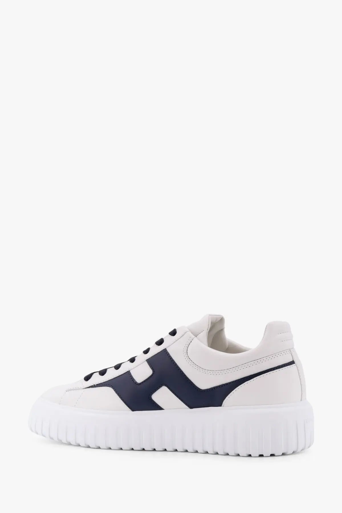 Hogan men’s stripes leather sneakers blue white and navy blue leather with bold h shaped logo on the side