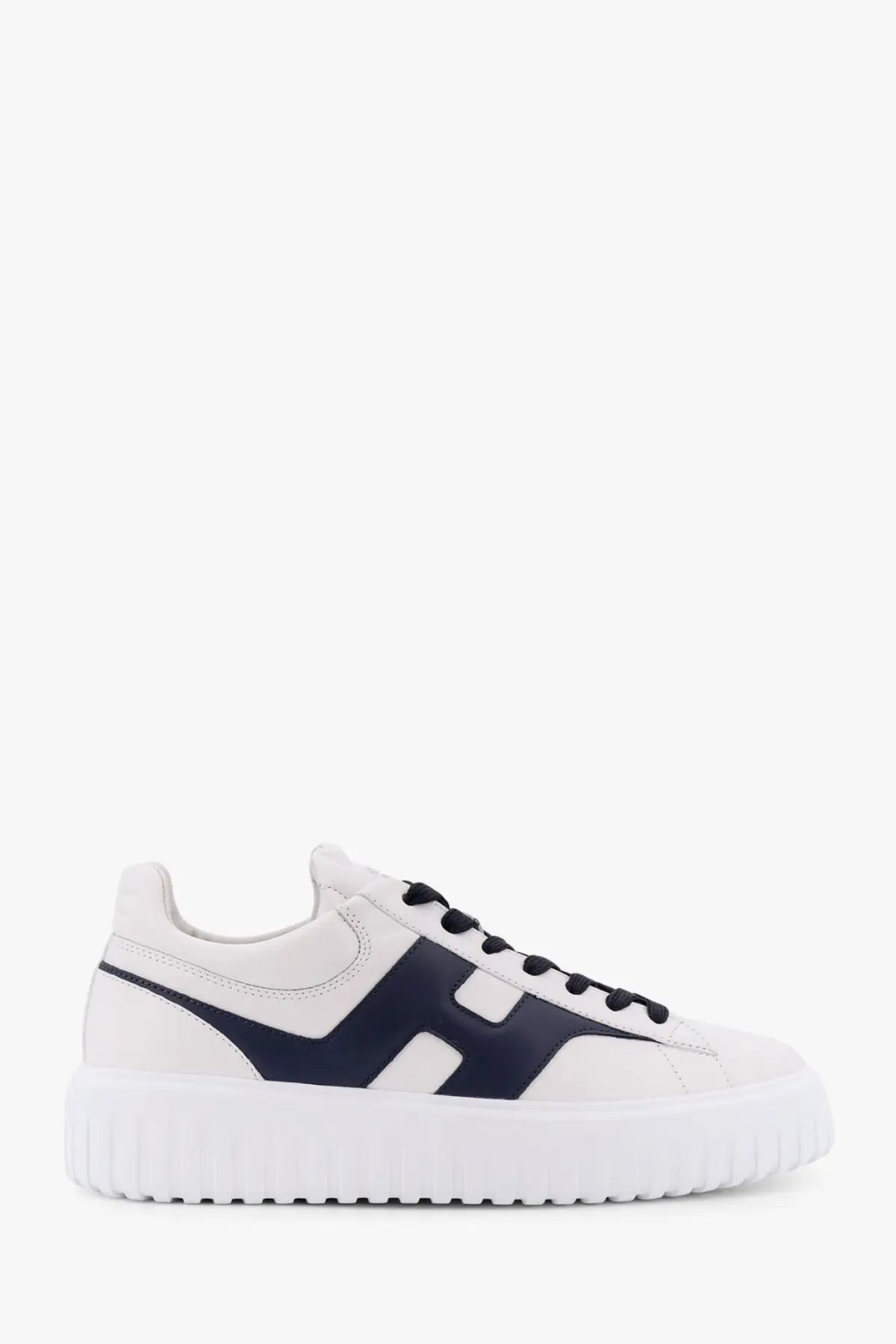 Hogan men’s stripes leather sneakers in white and navy blue suede with chunky white rubber low-top sole
