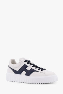 Hogan men’s stripes white leather sneaker with navy blue h logo black laces and chunky white rubber sole