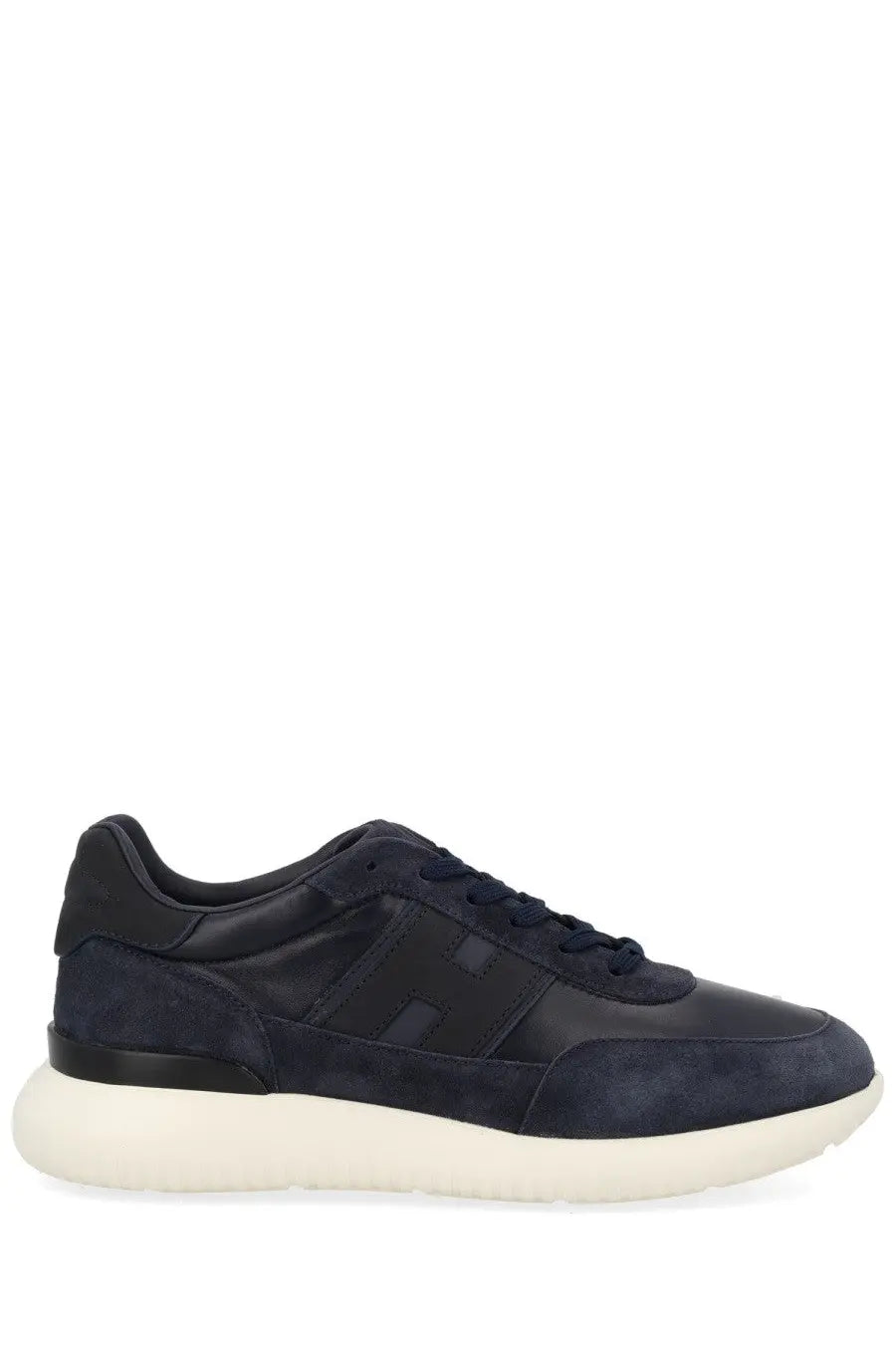 Hogan men’s suede sneaker blue in dark navy with white rubber sole and black leather accents