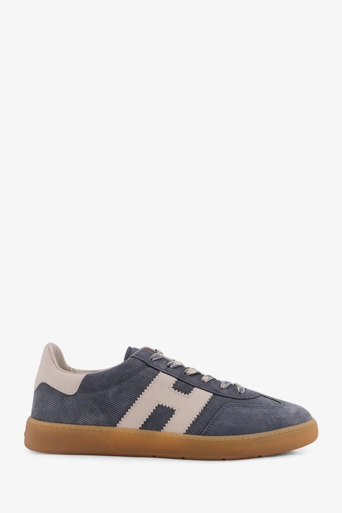 Hogan men’s suede sneakers grey featuring blue suede with beige pixelated h logo and gum rubber sole