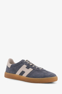 Hogan men’s suede sneakers grey with blue suede upper cream h logo and gum rubber sole