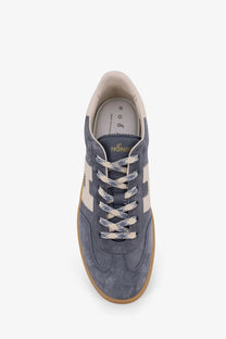Hogan men’s grey suede sneakers with blue suede, cream stripes and laces, and gum rubber sole