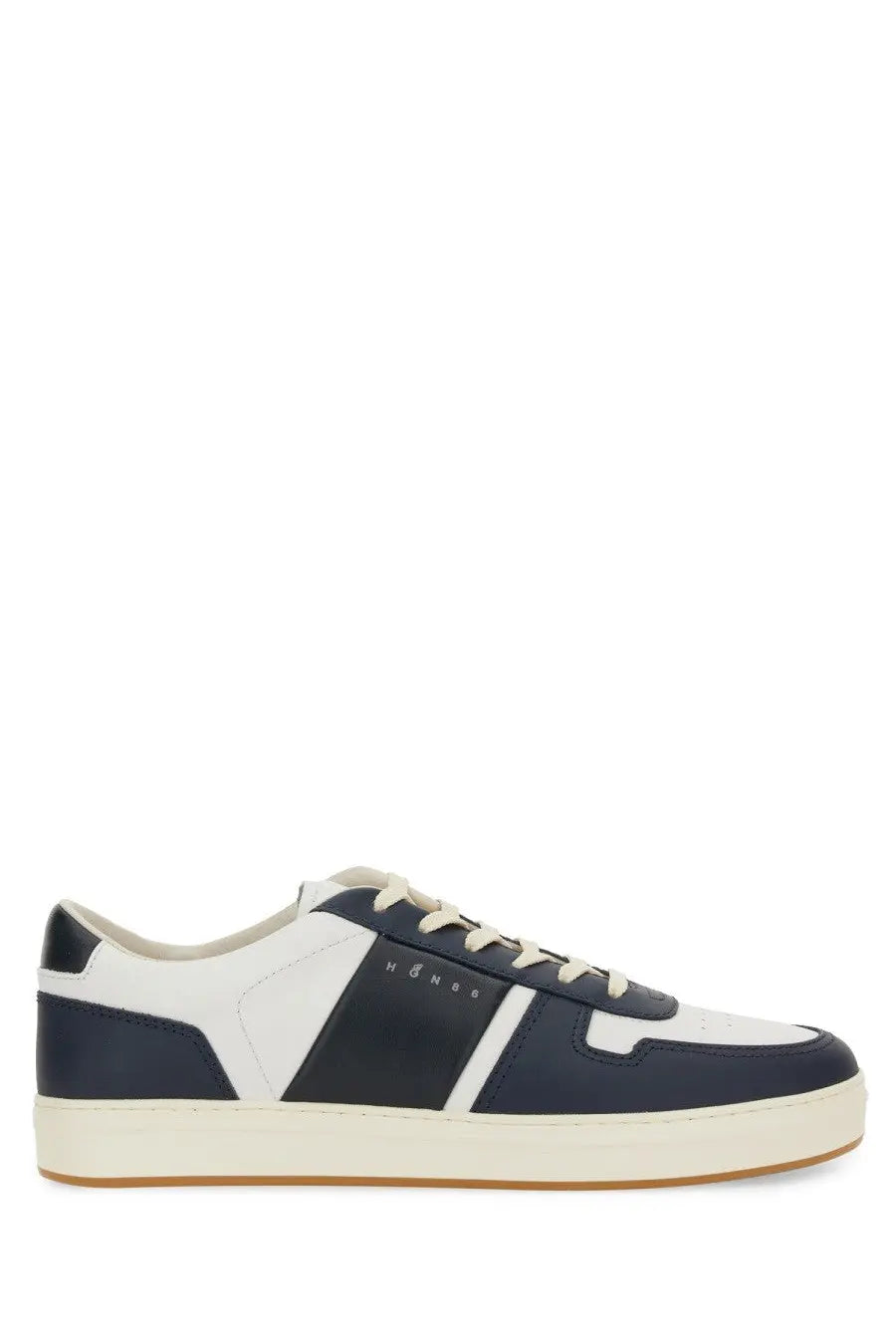 Navy and white leather low-top sneaker with cream laces and sole from hogan men’s hogan tv sneaker blue collection