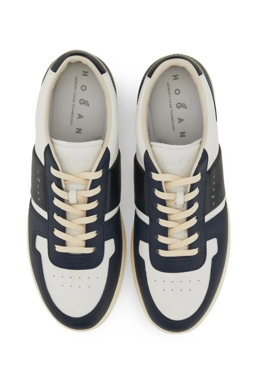 Hogan men’s Hogan TV sneaker in navy and white with cream laces and leather detailing
