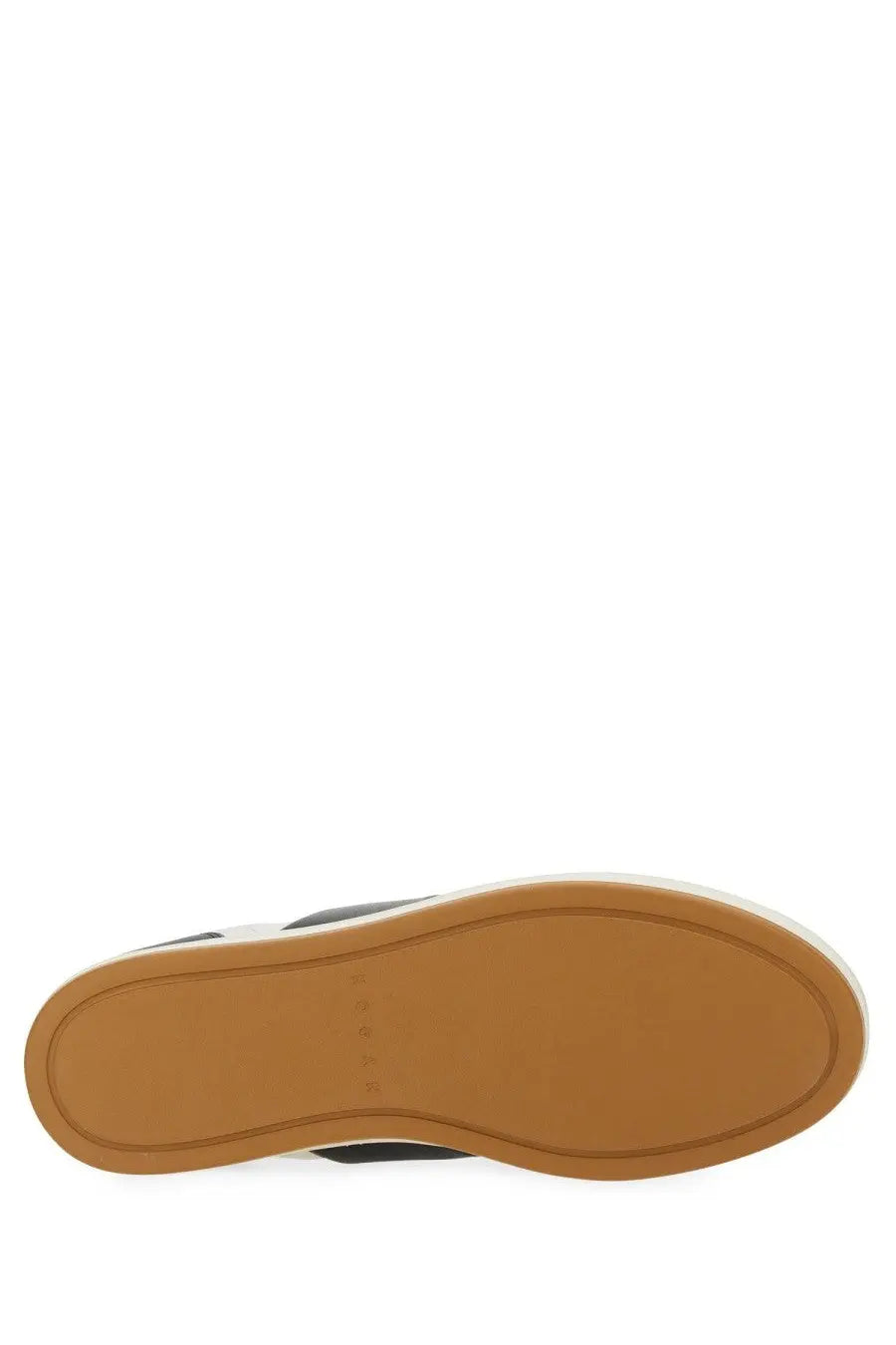 Back view of tan rubber sole with subtle embossed logo on heel of hogan men’s hogan tv sneaker blue