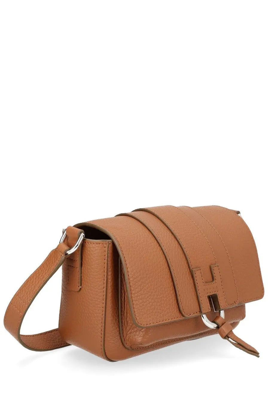 Hogan women’s tan leather crossbody bag with distinctive t-shaped front flap and silver-toned hardware
