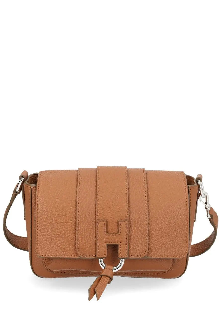 Hogan women’s tan leather crossbody bag flap with silver tone H logo clasp and matching adjustable strap