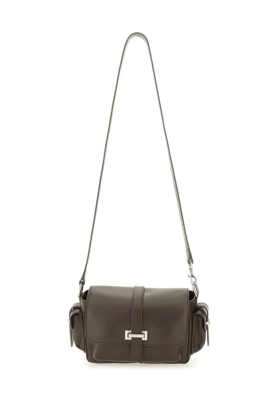 Hogan women’s small flap bag in dark olive green leather with silver metal clasp and adjustable crossbody strap
