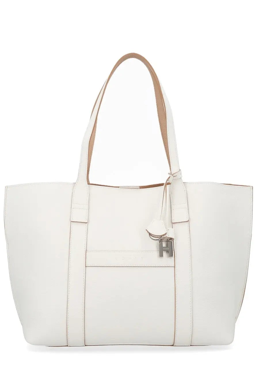Hogan women’s bag script white white leather tote bag with tan handles and silver tone h logo charm