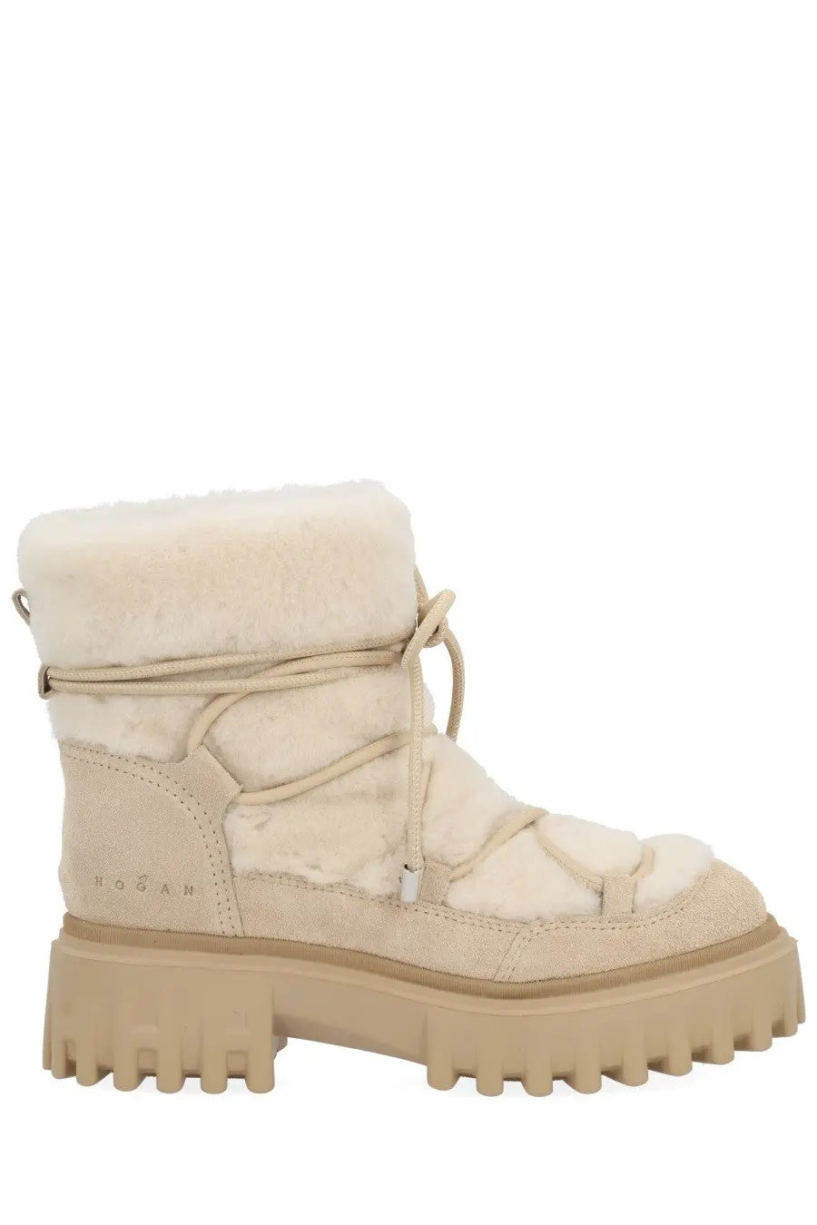Hogan women’s ankle boot h700 beige cream with plush shearling lining and chunky rubber winter sole