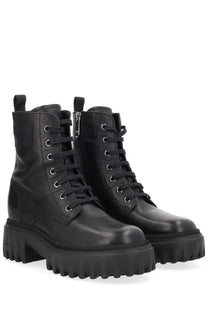 Hogan women’s boot h700 black leather combat boots with chunky textured soles and silver eyelets