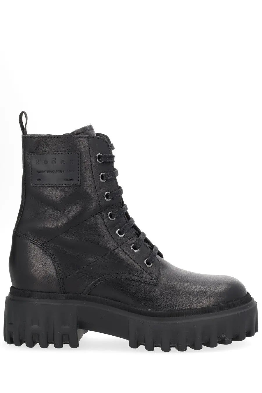 Hogan women’s black leather combat boot with chunky textured sole and lace-up design