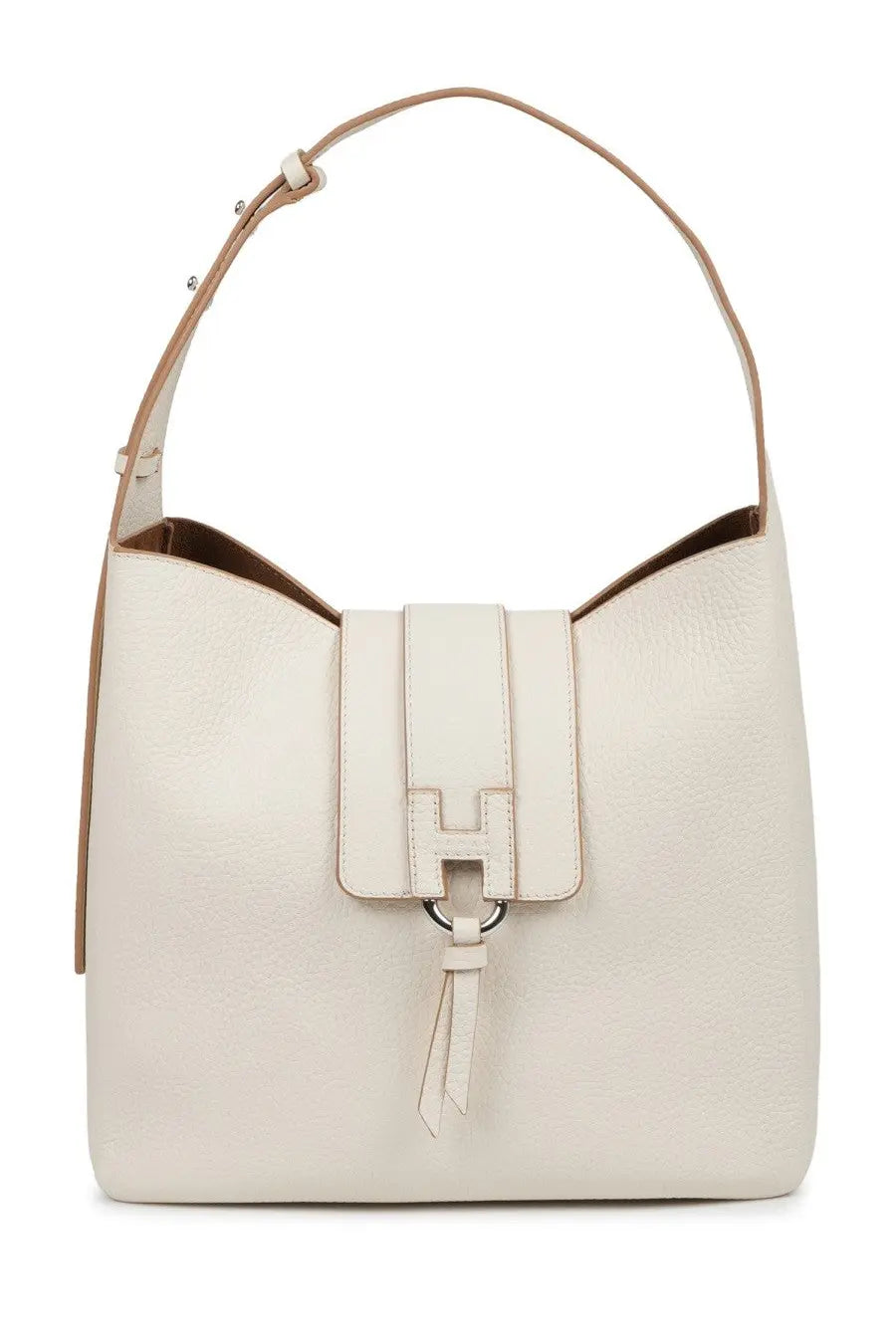 Cream-colored leather hobo bag with prominent h logo clasp and matching tassel by Hogan women’s borsa hobo trend white