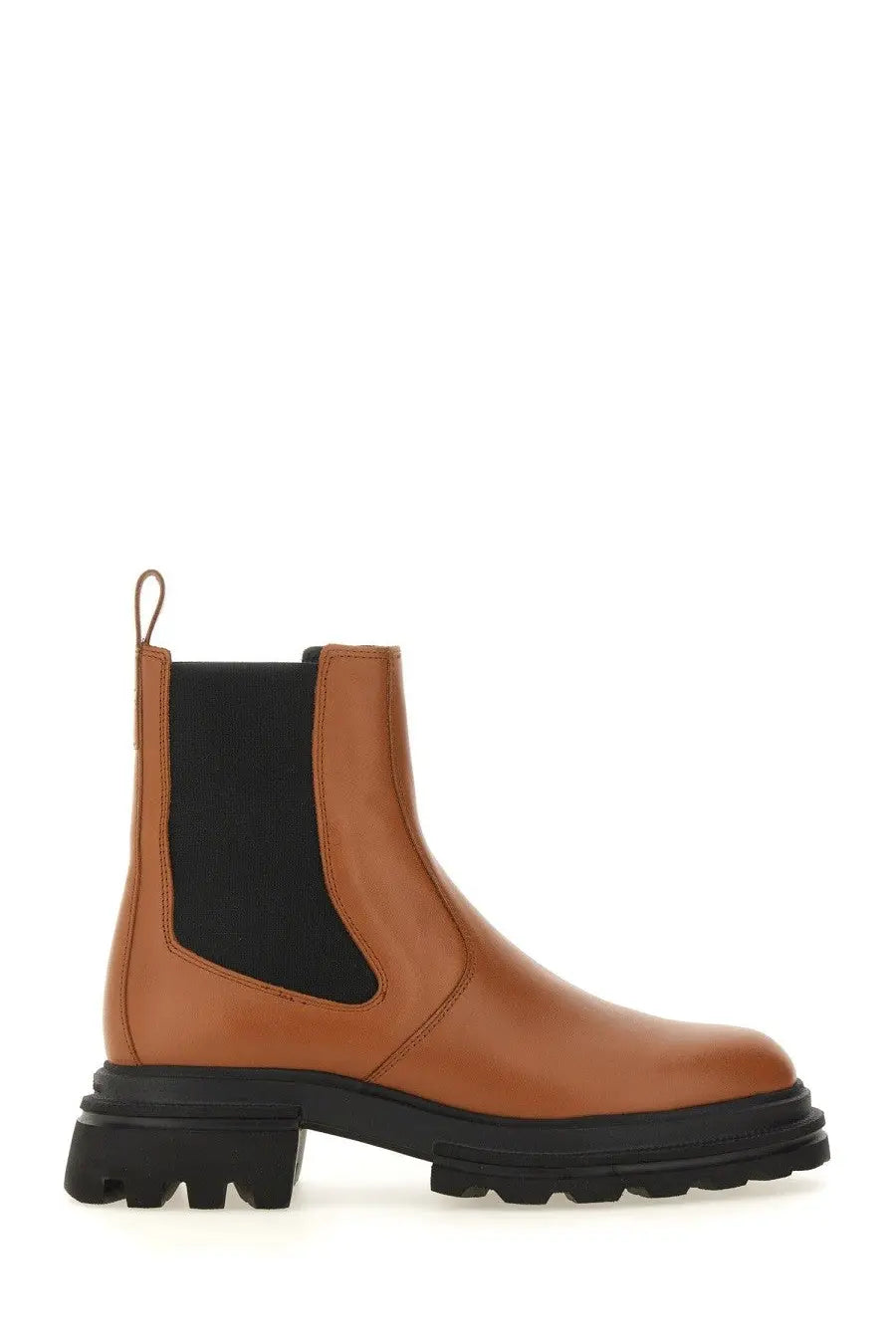 Hogan women’s chelsea boot brown tan leather with black elastic panels and chunky rubber sole