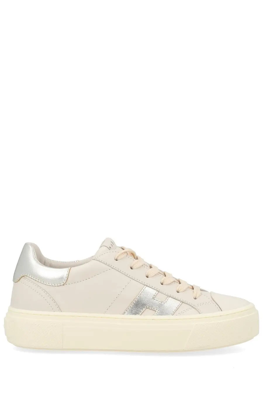 Cream-colored leather low-top hogan women’s crosswind sneaker with metallic silver stripe and chunky white rubber sole
