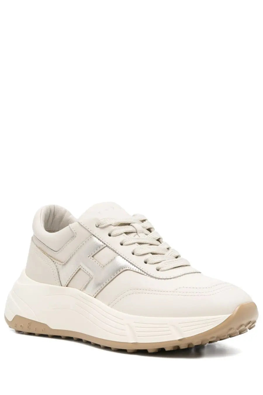 Hogan women’s hi fi beige sneaker with cream leather upper chunky white sole tan rubber outsole metallic silver h logo