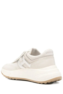 Hogan women’s hi fi sneaker beige cream leather with chunky white sole and iconic h shaped logo on the side