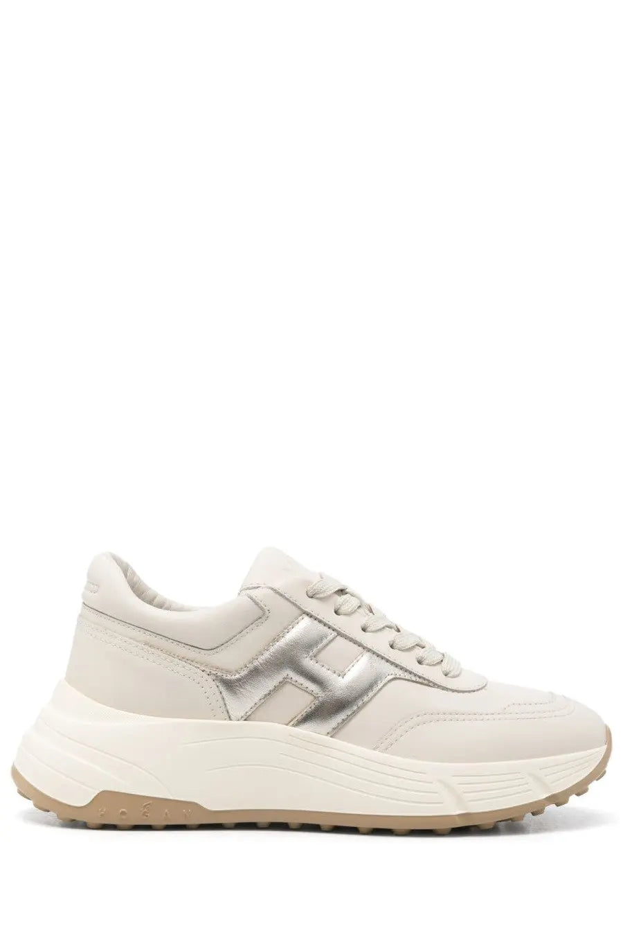 Cream-colored Hogan women’s hi fi sneaker with metallic silver logo panel and chunky white sole in beige tone