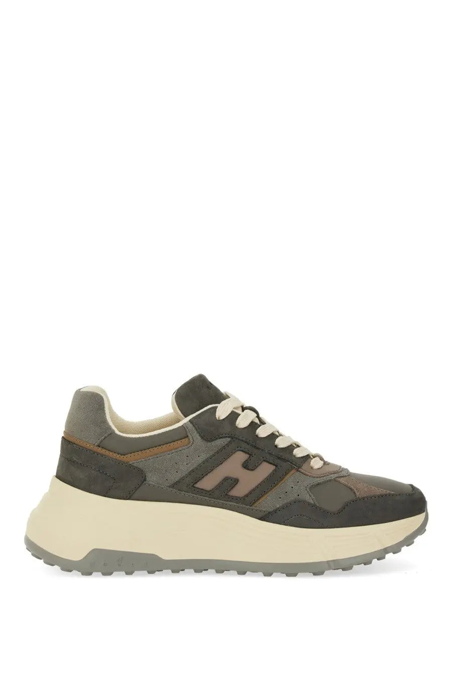 Hogan women’s hi fi sneaker grey with dark olive green and beige suede mesh upper and chunky sole with brown logo detail
