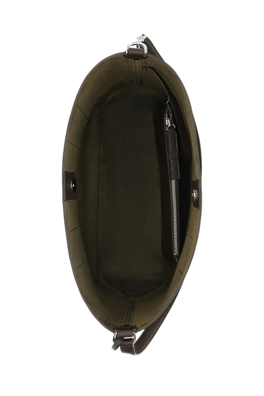 Hogan women’s hobo bag hocket medium brown olive green suede bucket bag with black zipper pocket and silver hardware