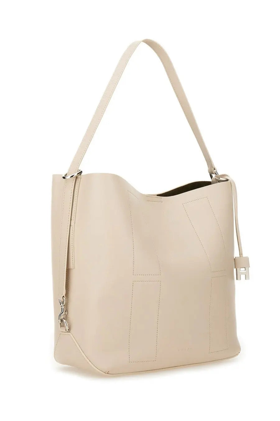 Hogan women’s hobo bag hocket medium white beige leather with minimalist geometric stitching and silver metal clasp