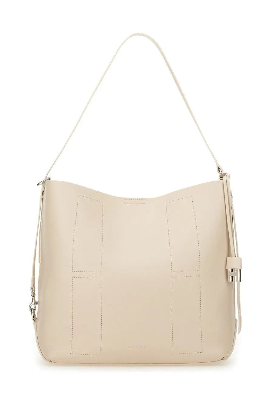 Cream-colored leather hogan women’s hobo bag hocket medium with stitched rectangular panels and silver-tone clasp