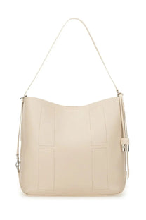 Cream-colored leather hogan women’s hobo bag hocket medium with stitched rectangular panels and silver-tone clasp