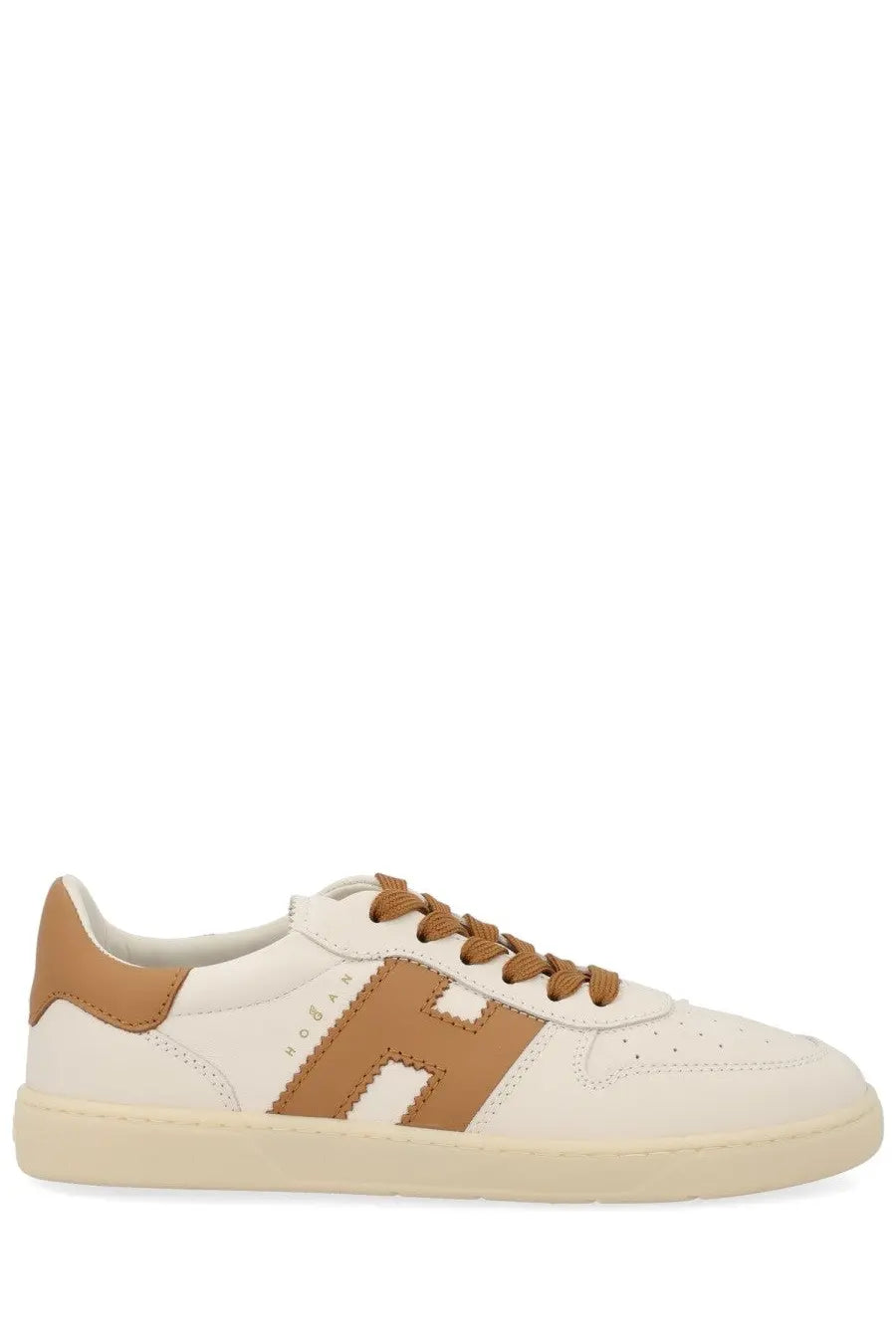Hogan women’s leather sneaker beige cream leather with tan accents and bold h logo on side