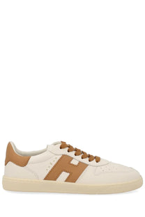 Hogan women’s leather sneaker beige cream leather with tan accents and bold h logo on side