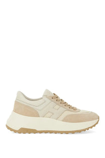 Hogan women’s leather sneaker beige with chunky sole suede and mesh upper and prominent h logo on the side