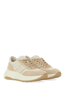 Hogan women’s leather sneaker beige with chunky sole suede and mesh upper and prominent side logo