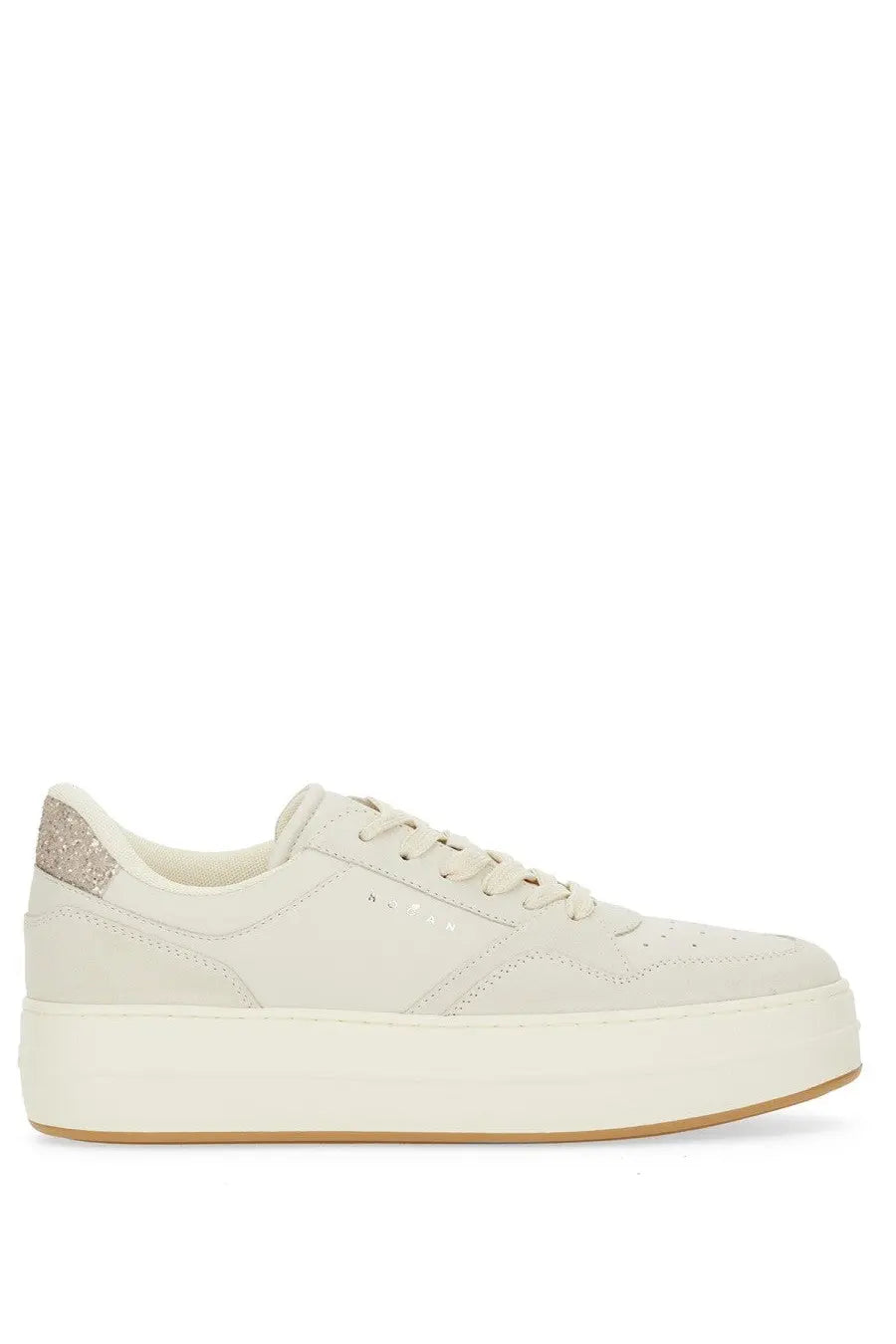 Hogan women’s leather sneaker white cream platform with glittery rose gold heel tab and minimalist stitching