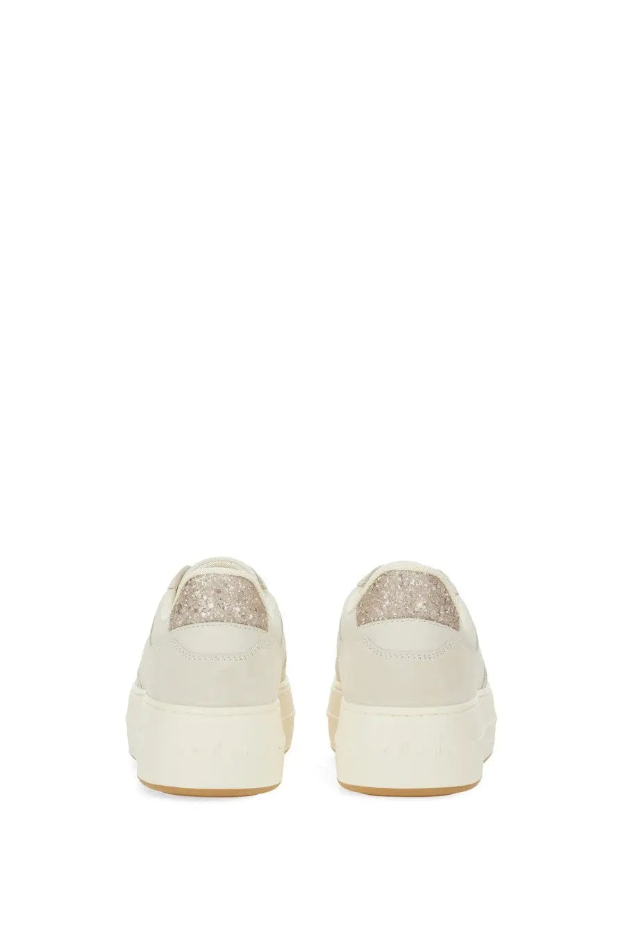 Cream-colored leather platform sneakers with glittery metallic heel tab shown from the back by hogan women