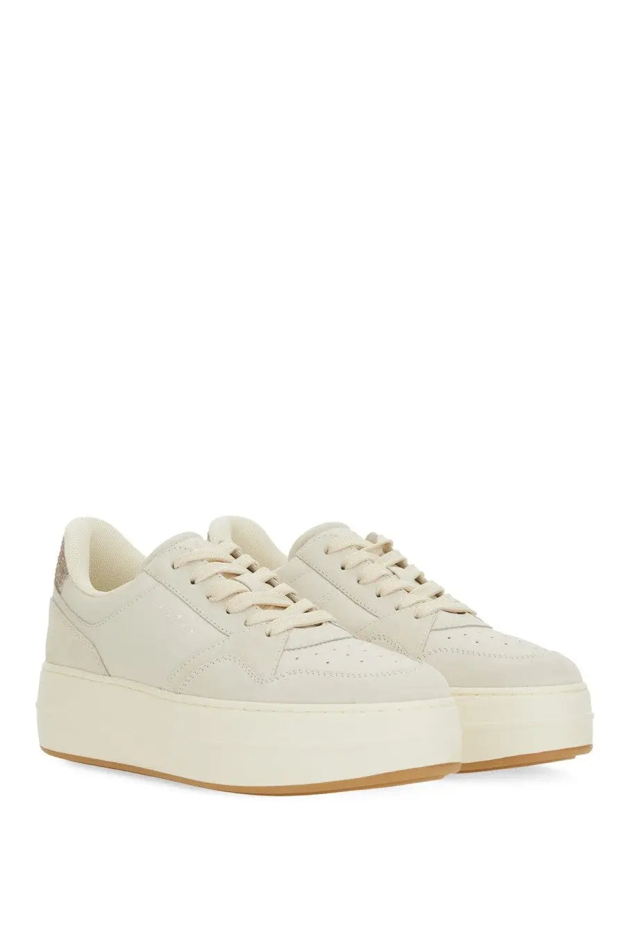 Hogan women’s leather sneaker white cream-colored platform sneakers with suede-like upper and subtle perforated detailing
