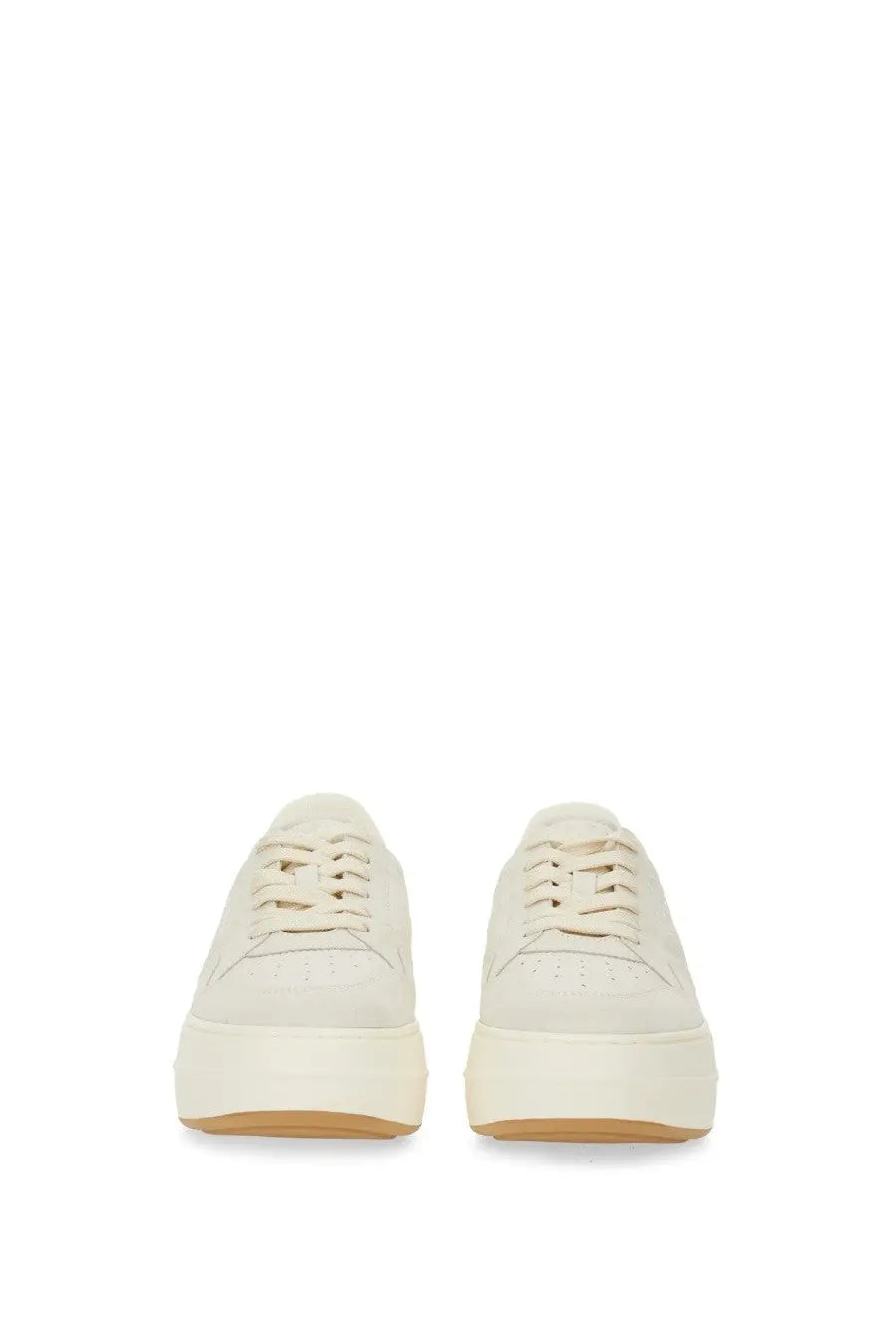 Hogan women’s leather sneaker in cream with suede upper and contrasting tan rubber platform sole