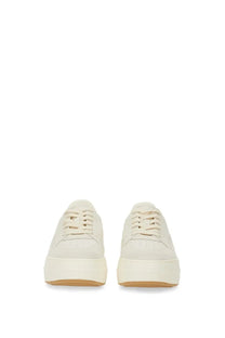 Hogan women’s leather sneaker in cream with suede upper and contrasting tan rubber platform sole