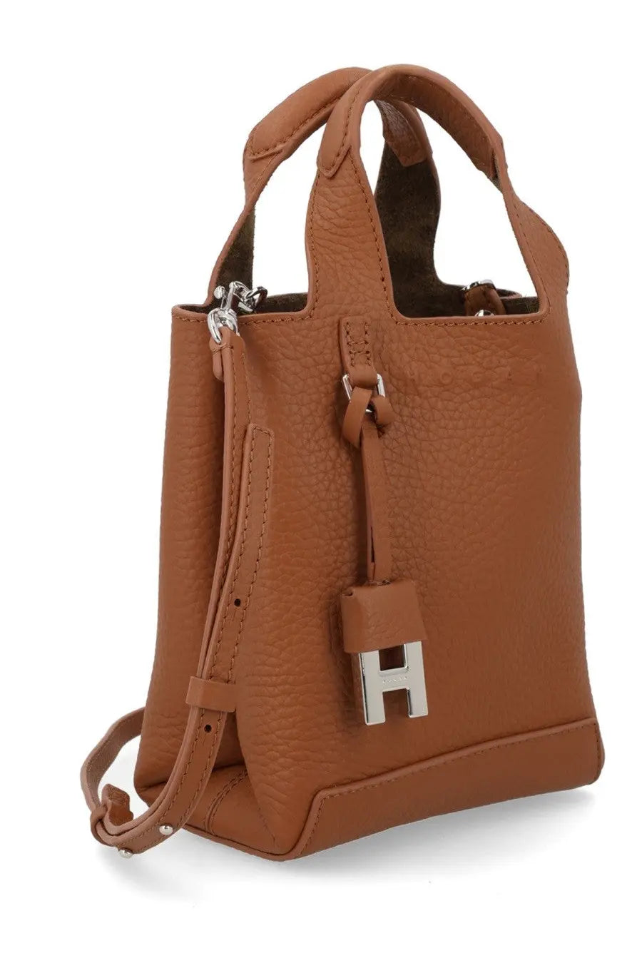 Hogan women’s mini shopping bag brown tan leather tote with silver-tone h logo charm and adjustable strap