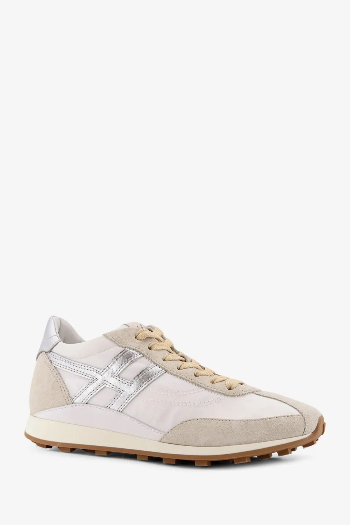 Hogan women’s nylon and suede sneakers beige with beige and silver suede leather panels tan laces gum rubber sole
