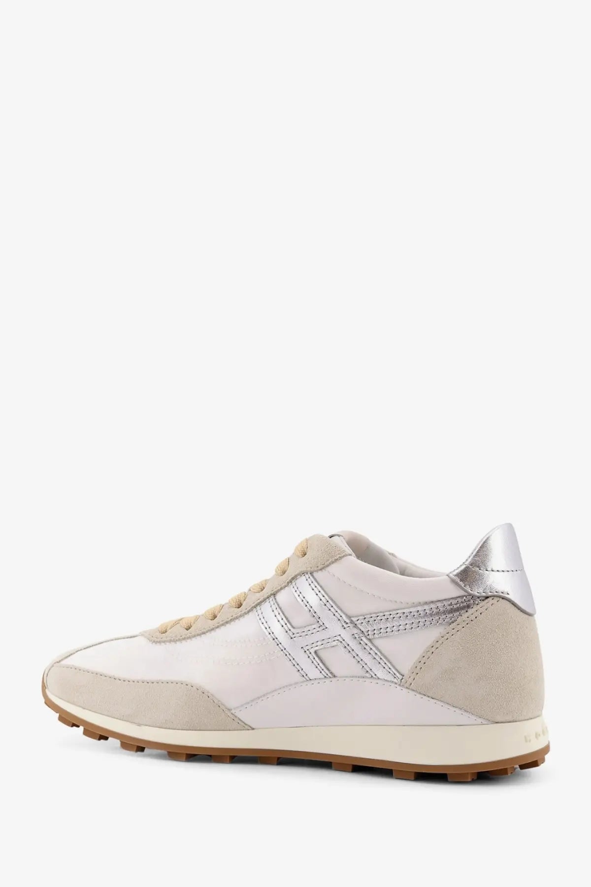 Hogan women’s beige nylon and suede sneaker with white and beige suede and silver metallic accents in retro design