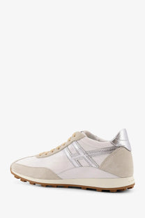 Hogan women’s beige nylon and suede sneaker with white and beige suede and silver metallic accents in retro design