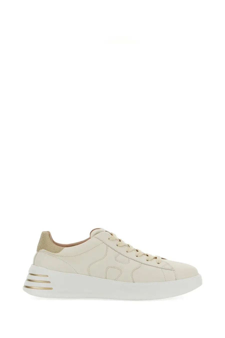 Cream-colored suede hogan women’s rebel sneaker with white rubber sole and gold-tone metallic stripes on heel back view