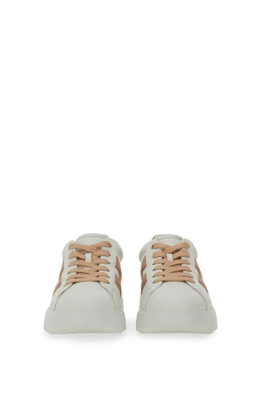 Cream-colored leather Hogan women’s rebel sneaker with tan laces and chunky white sole in front view