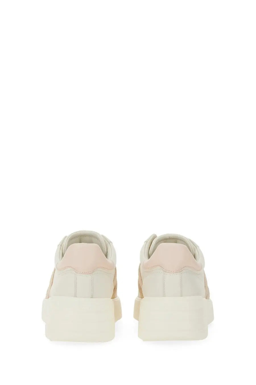 Cream-colored hogan women’s rebel platform sneakers with soft blush pink heel tab and subtle vertical stitching details
